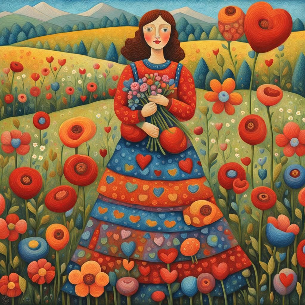 Wild whimsical art hearts and flowers in the style of Agnes ...