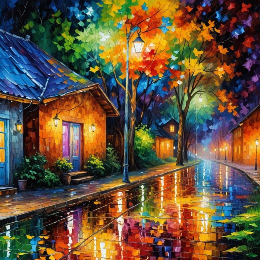 Rainy Night Village Scene in Neo-Impressionist Style