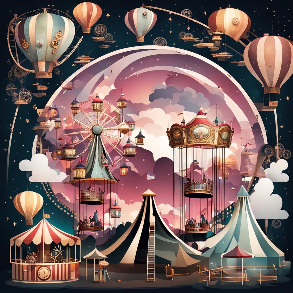 Steampunk Fairground with Carousel and Swing Boats