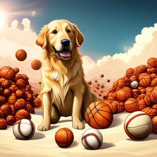 Cartoon Golden Retriever in a Pile of Balls