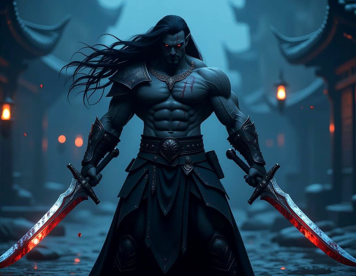 Drow Warrior with Bloody Swords in Sci-Fi Style