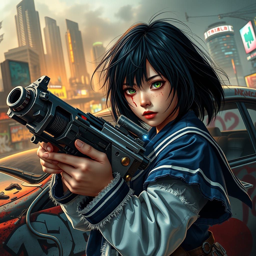 Girl in Tattered Sailor Suit Takes Cover Behind Damaged Car