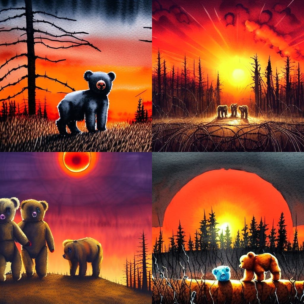 Teddy Bears Witnessing Wartorn Forest in Watercolour