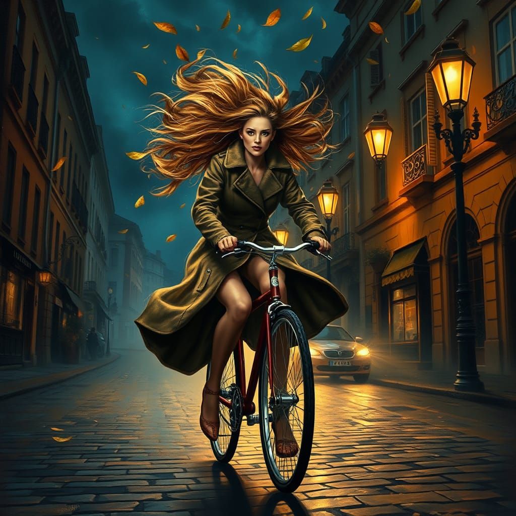 Woman Rides Bicycle Through Autumn Storm, Oil Painting