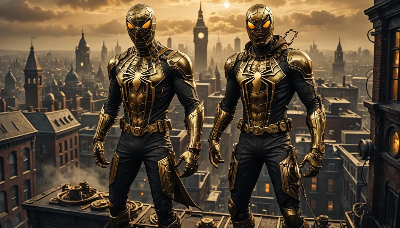 Gold Spiderman in Steampunk Sci-Fi Illustration