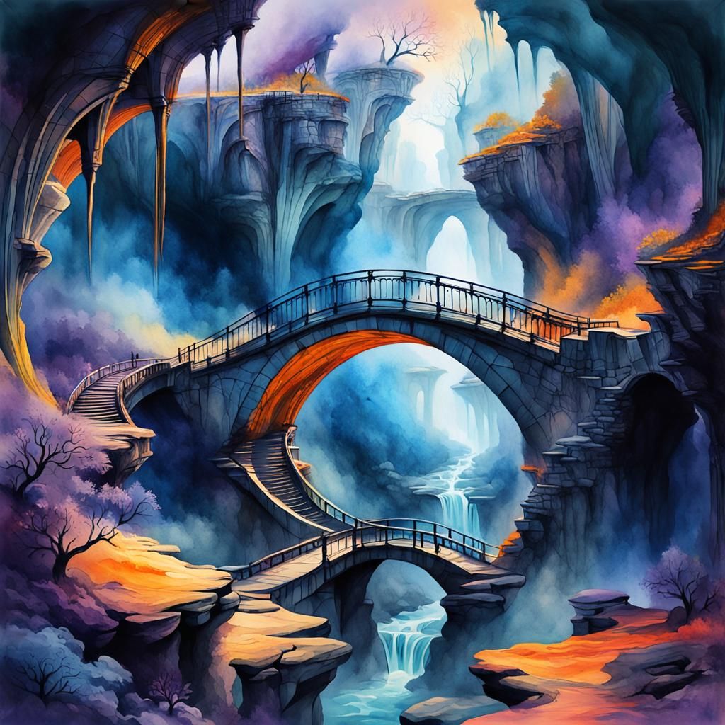 Eerie Mist Swirls Around Ancient Bridge in Watercolor