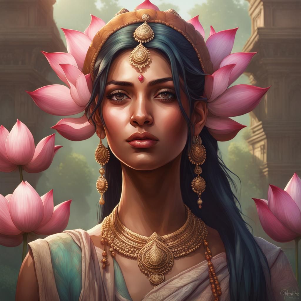 Lotus Adorned Indian Woman: Hyperdetailed Portrait