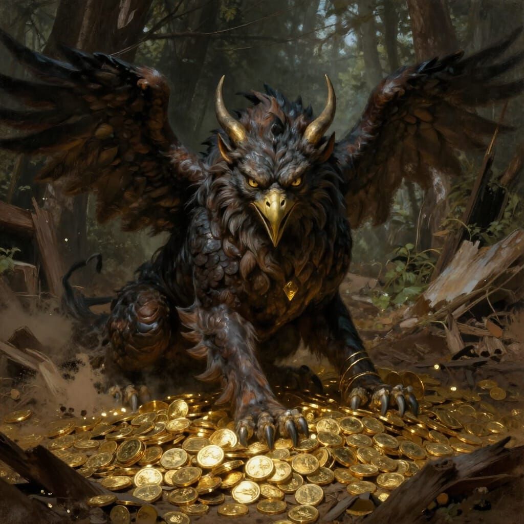 Ancient Griffin Guards Gold Horde in Forgotten Cabin