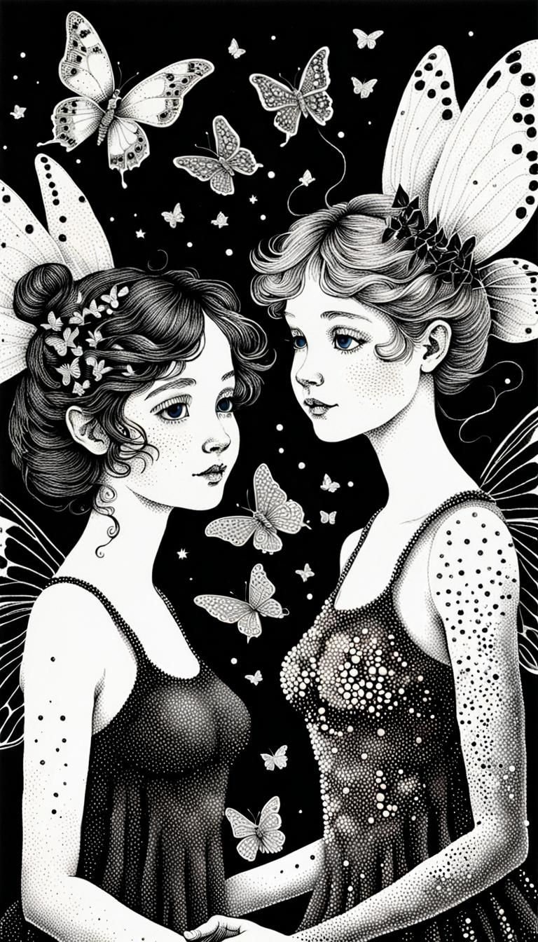 Pointillist Fairies Play with Butterflies