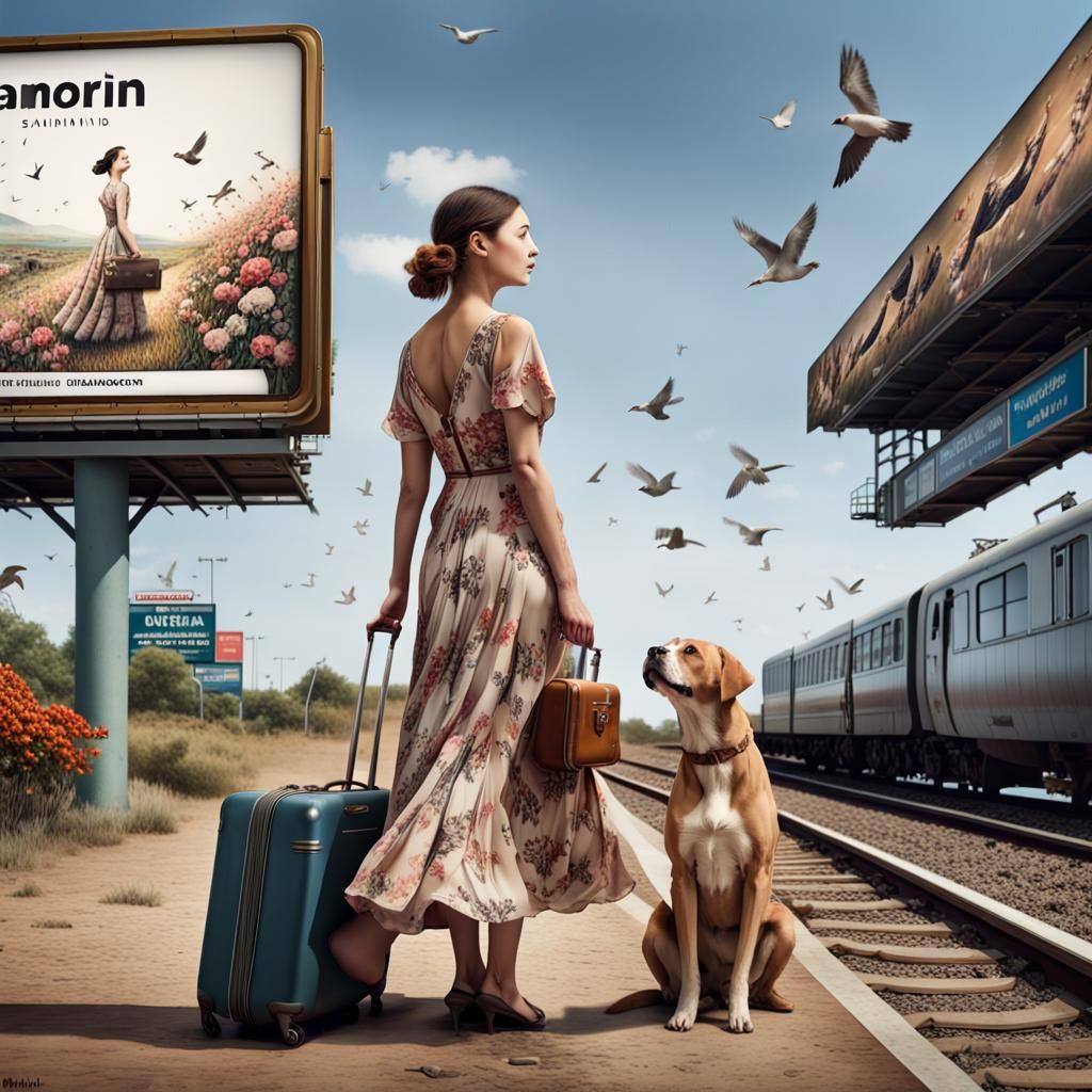 Woman, Dog, and Birds at Billboard