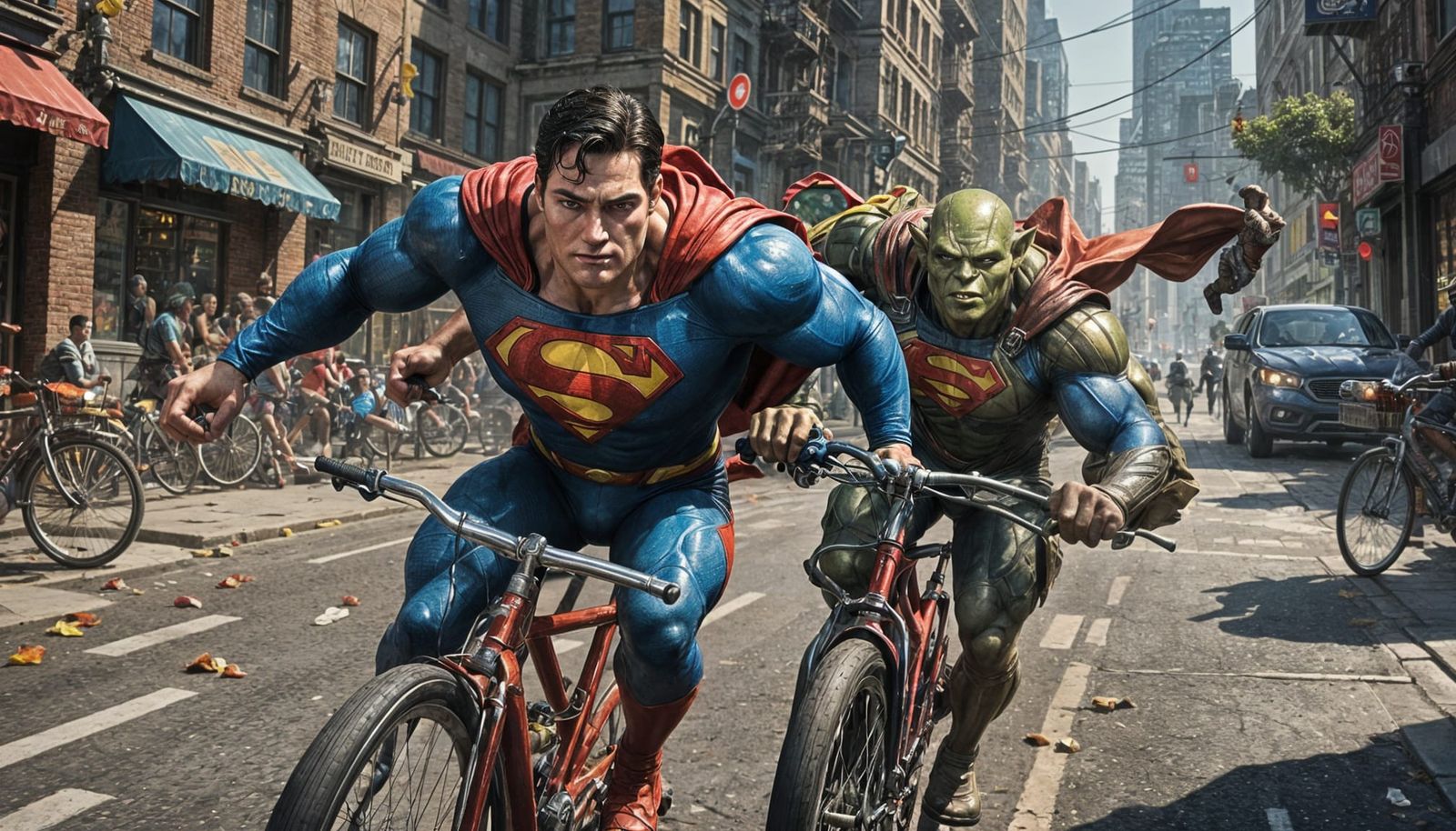 Superman Chases Goblin on Bicycle: Hyperrealistic 3D Art