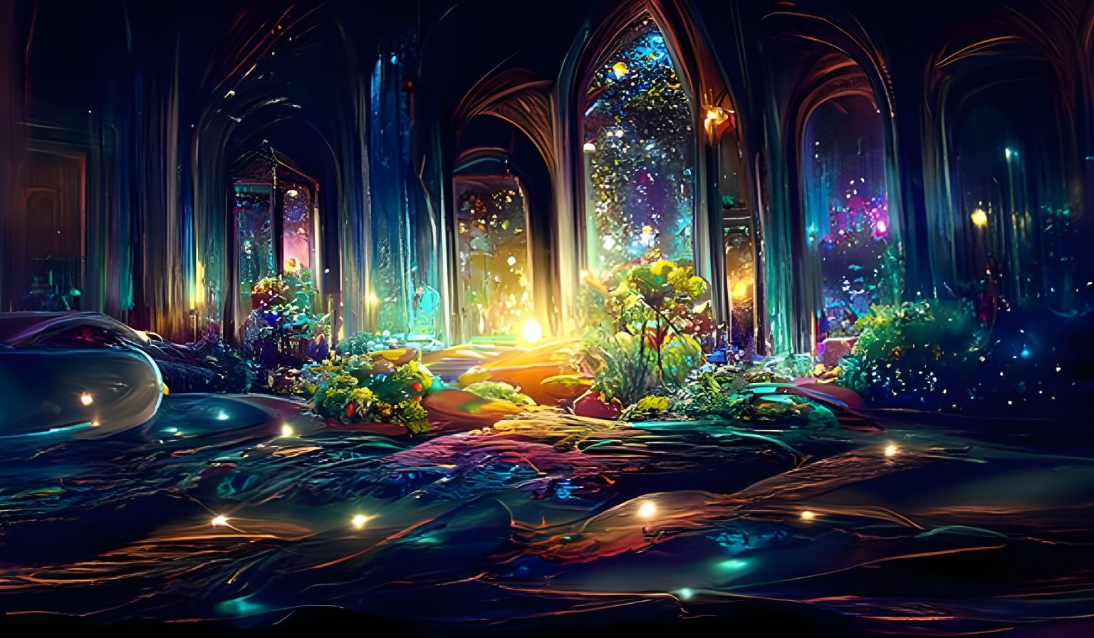 Magical Mirrored Hallway: Ethereal Sci-Fi Fantasy