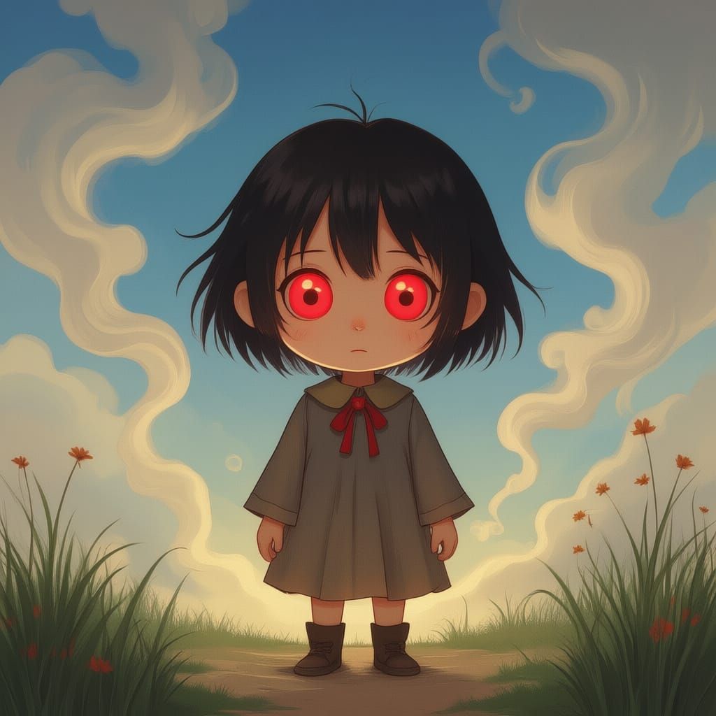 Creepy Anime Child with Red Eyes in Ethereal Landscape