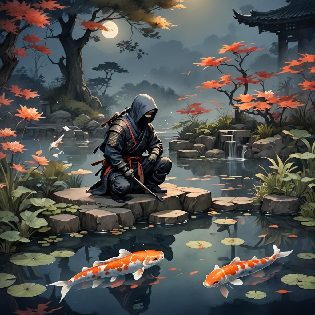 Ninja Kneeling at Koi Pond in Sumi-e Watercolor