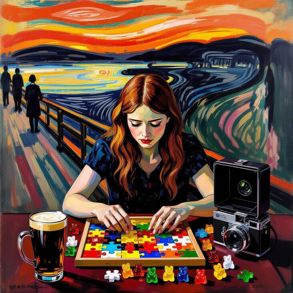 Alice, Gummy Bears, and a Haunting Puzzle, in Surreal Style