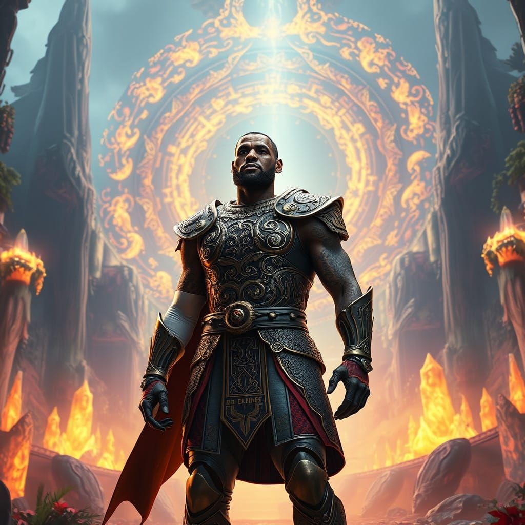 Lebron James in Majestic Armor, Heroic Figure in Ancient Are...