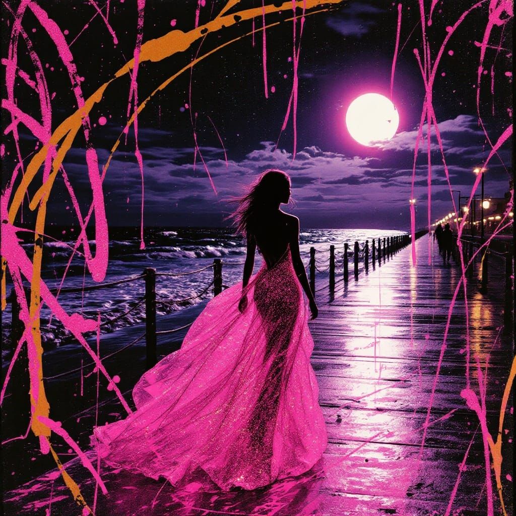 Noir Neon Goddess Under Luminous Night Sky