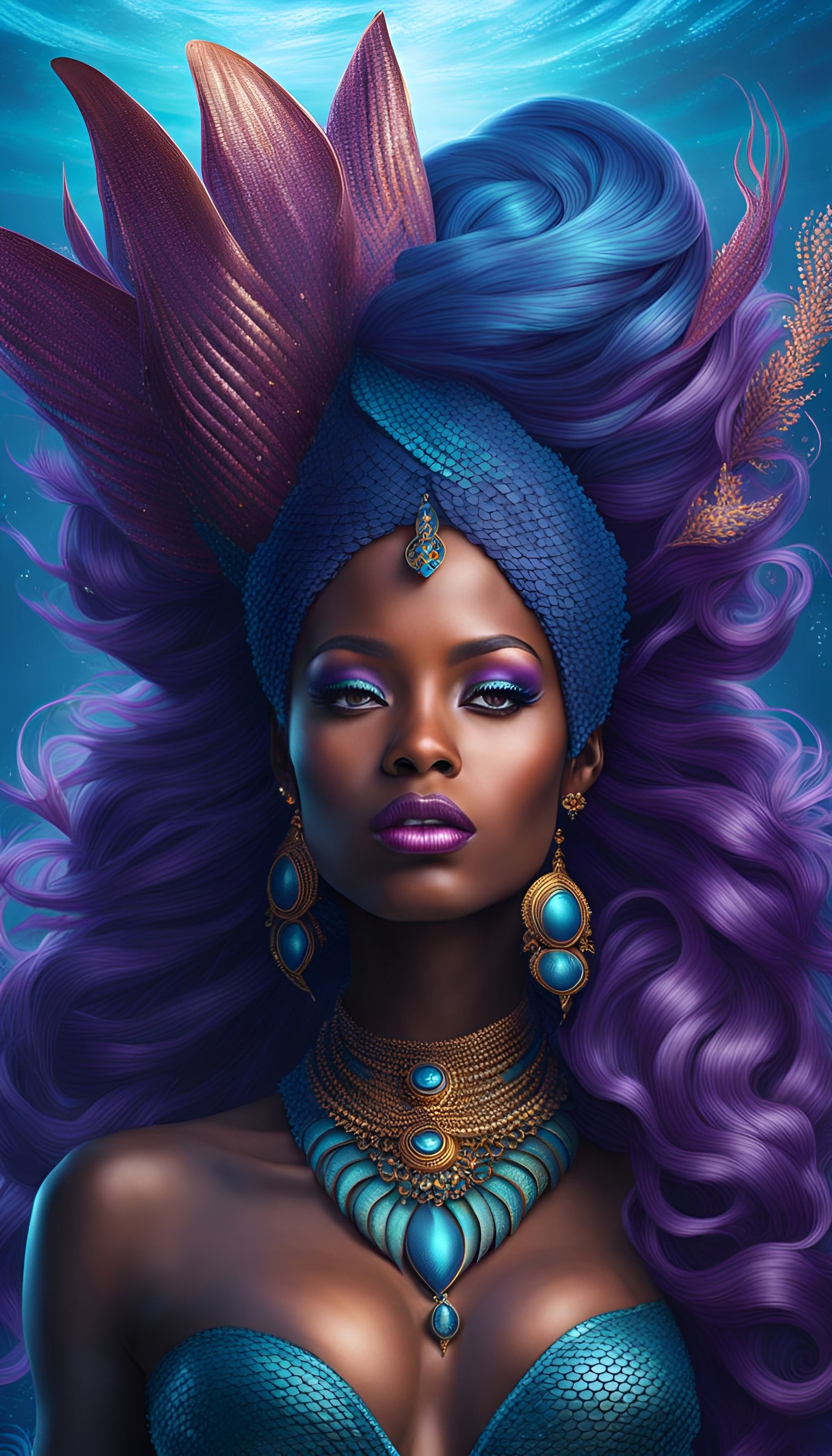Beautiful African Mermaid in a Fantasy Underwater Scene