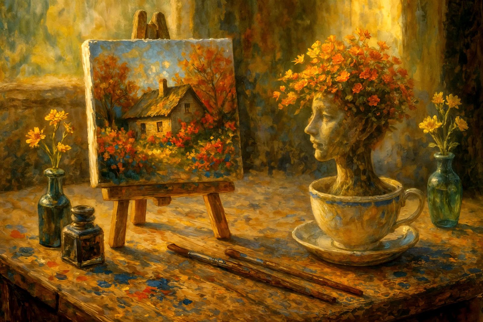 Impressionistic Still Life with Cottage and Bonsai