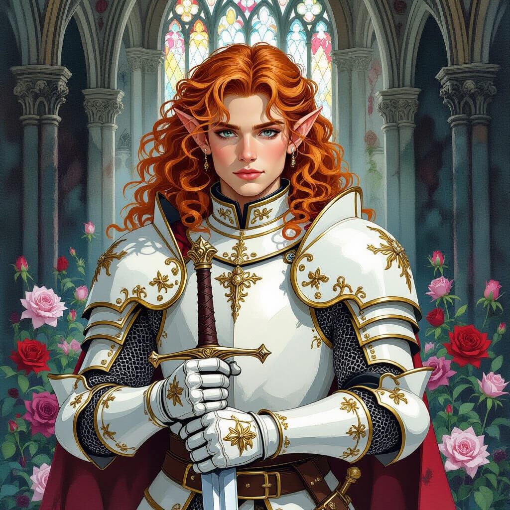 Elf Knight in Gothic Cathedral, Dark Comic Style
