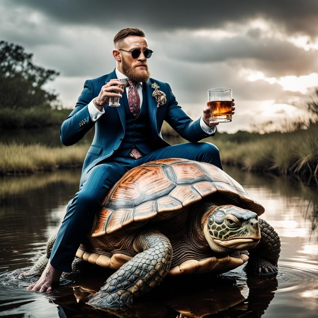 Hyperrealistic Conor McGregor Riding a Turtle