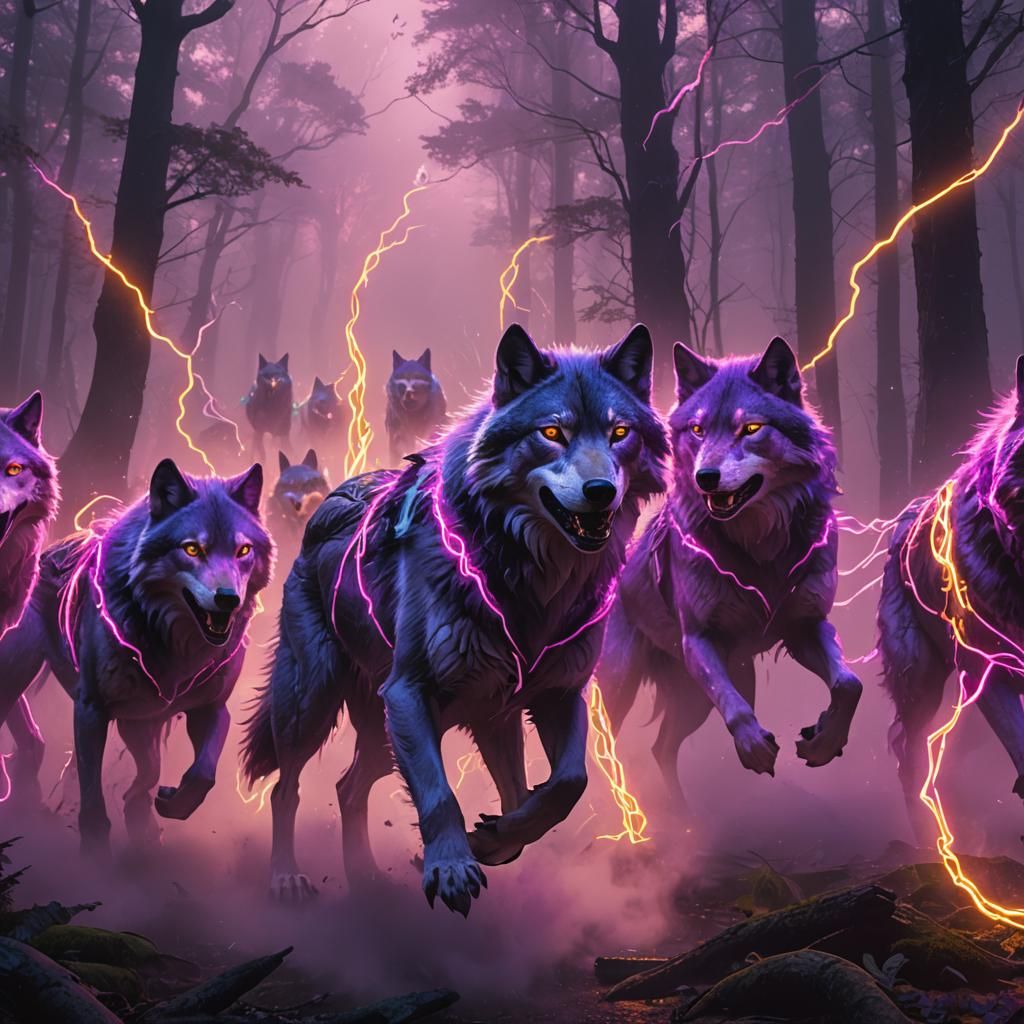 Neon Spirit Wolves in Misty Dark Fantasy Forest