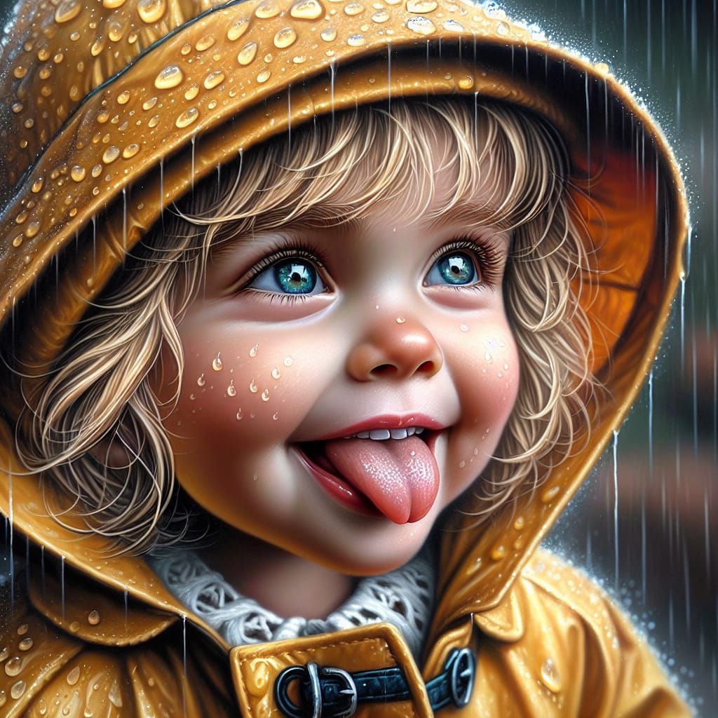 Girl Licking Raindrops in Hyperrealistic Wet Oil