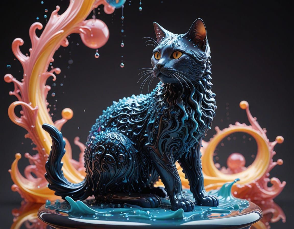 Surreal Liquid Cat Statue in Mid-Air with Intricate Filigree...