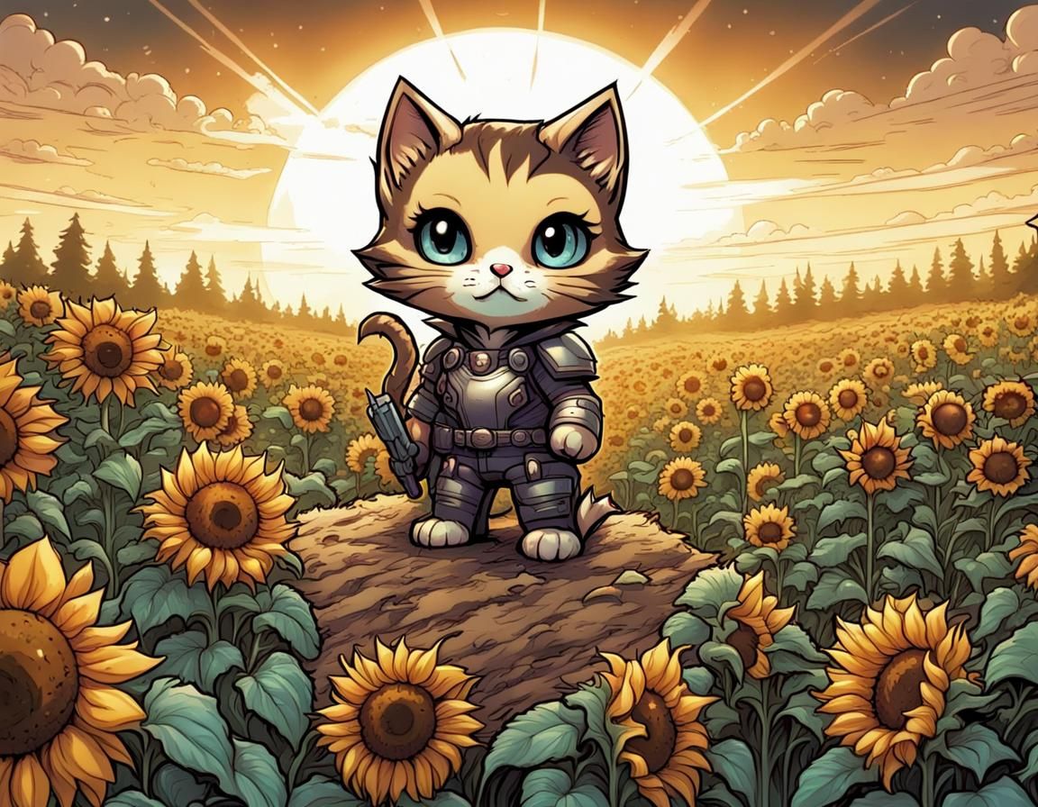 Chibi Kitten in Sunflower Field: Comic Book Art
