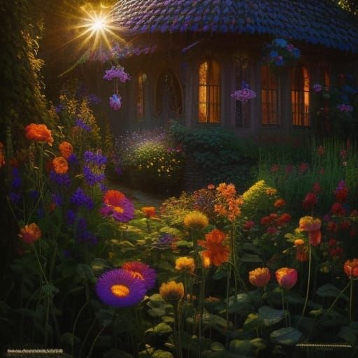 Sunlit Garden in Shadow, Fantasy Art Style
