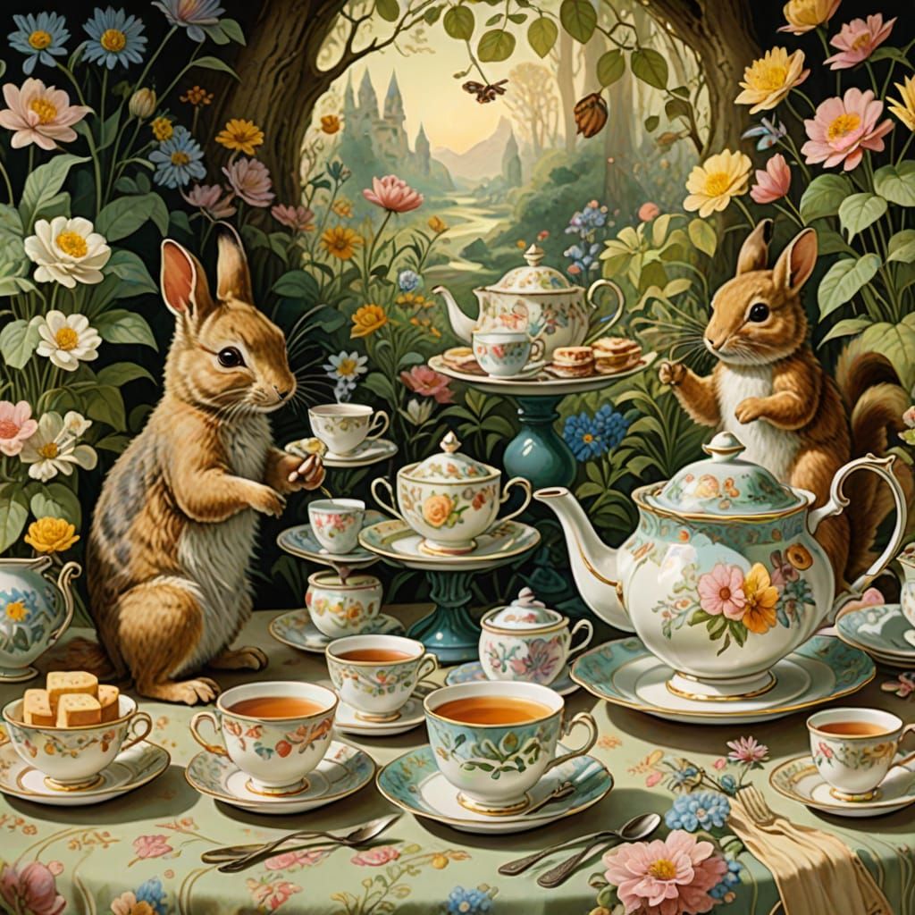 Fantastical Creatures Enjoy Tea Party in Whimsical Woodland