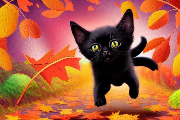 Playful Kitten Leaps in Autumn Leaves, 3D Rendered