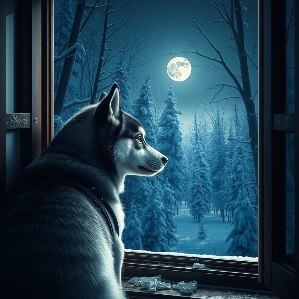 Moonlit Forest Husky Puppy Gazing Out in Epic Cinematic Styl...