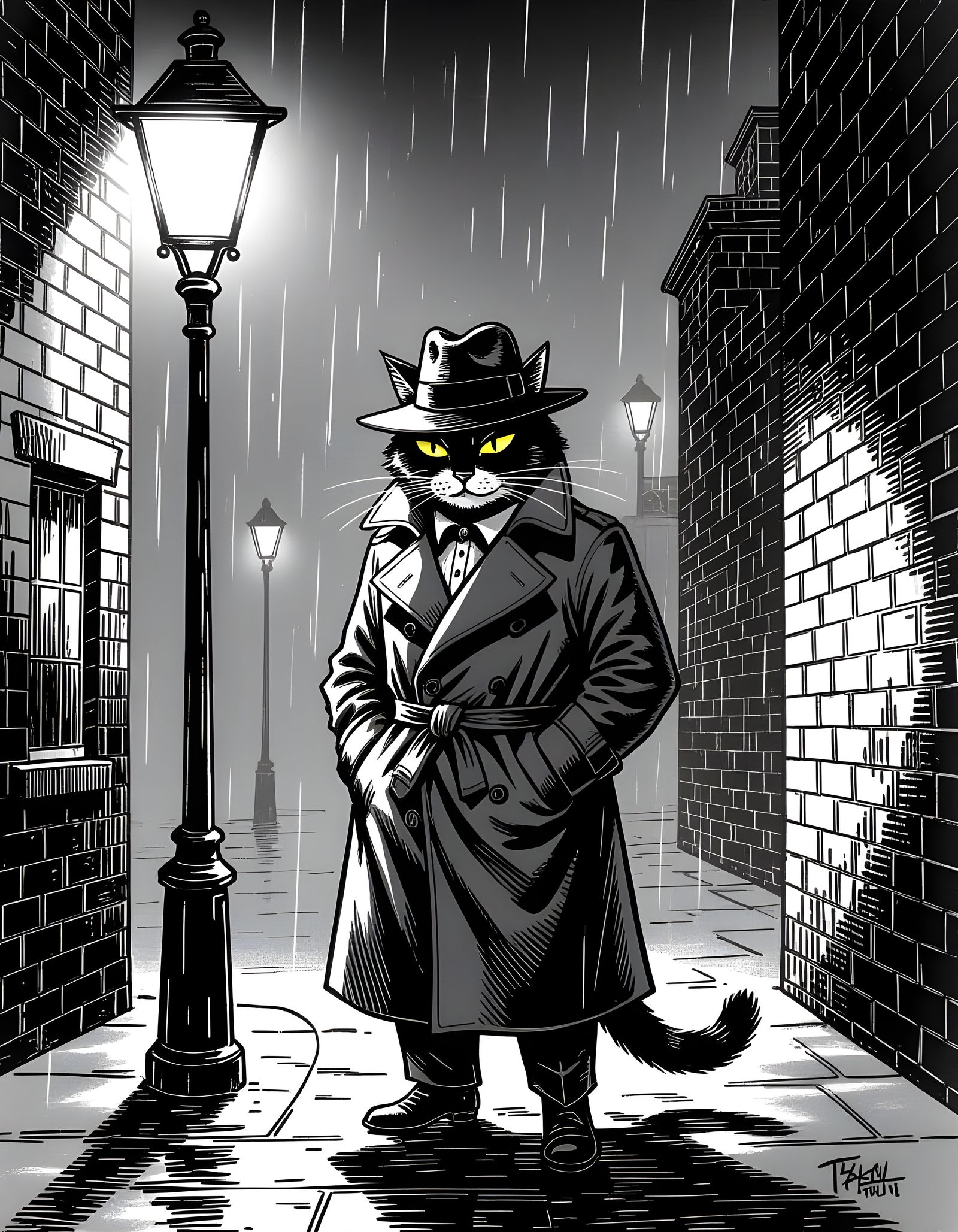Noir Cat Detective in Scratchboard Style