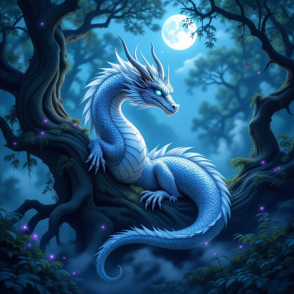 Silver Dragon in Moonlit Forest, Hyperrealistic Style