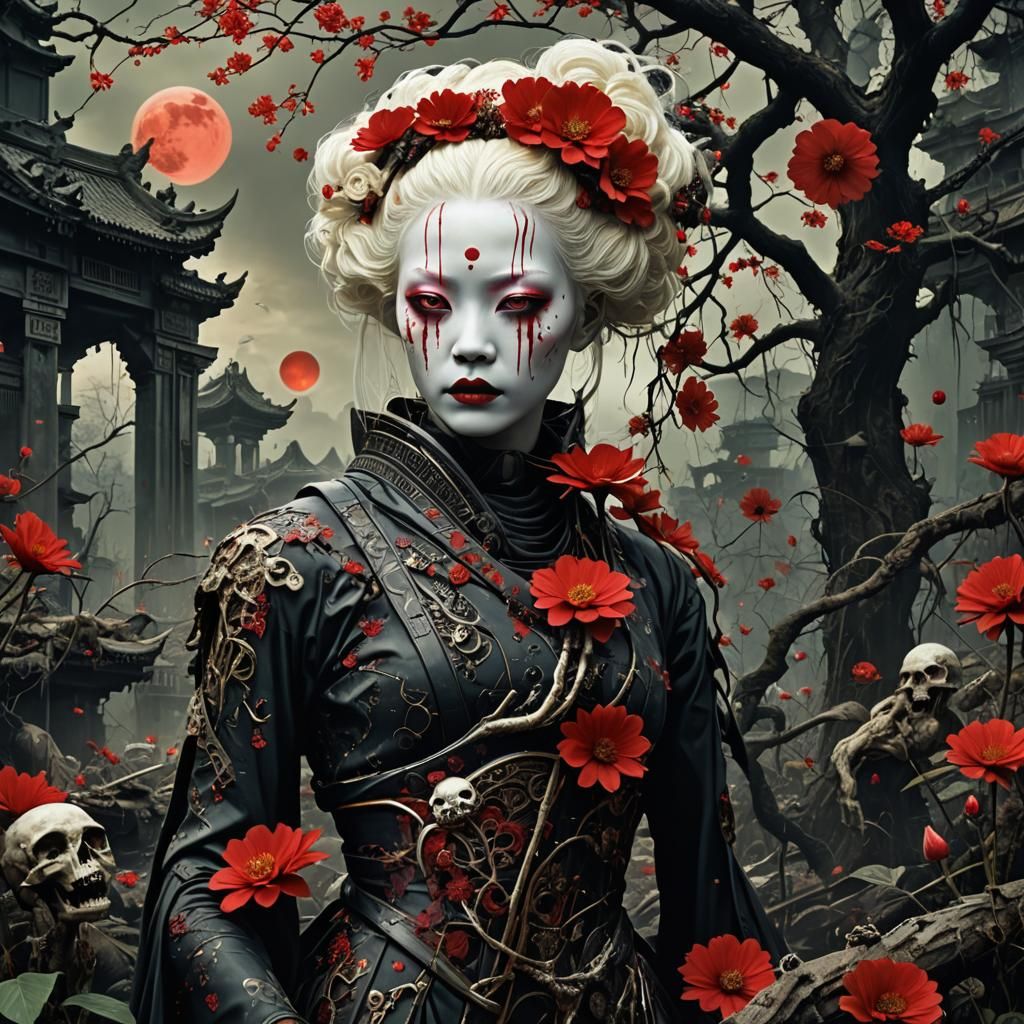 Dystopian Geisha in Dark Sci-Fi Landscape