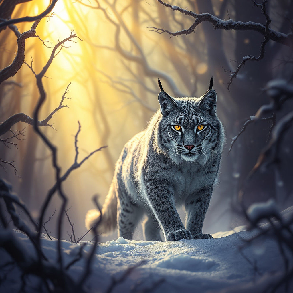 Mystical Lynx in Snow Forest: Dark Fantasy Concept Art