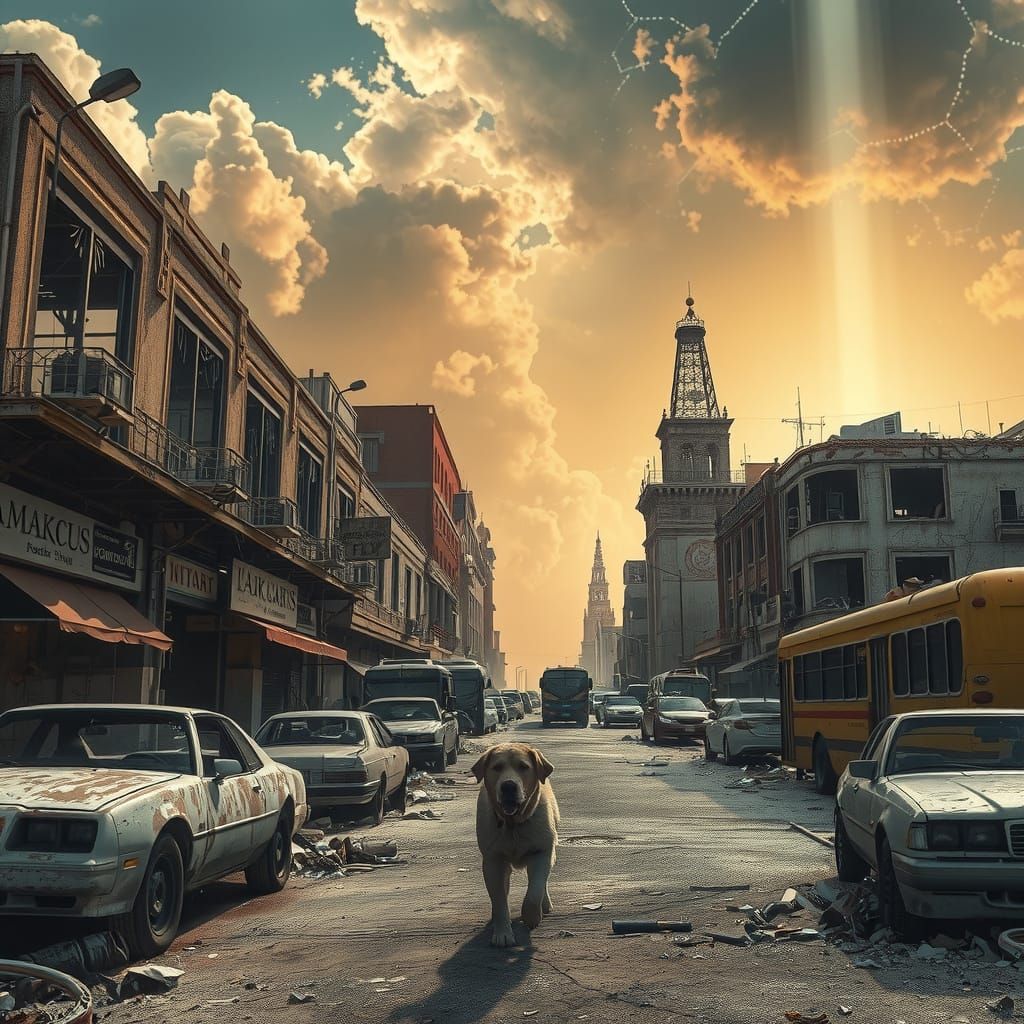 Deserted Ruined Cityscape with Dog Under Surreal Sky