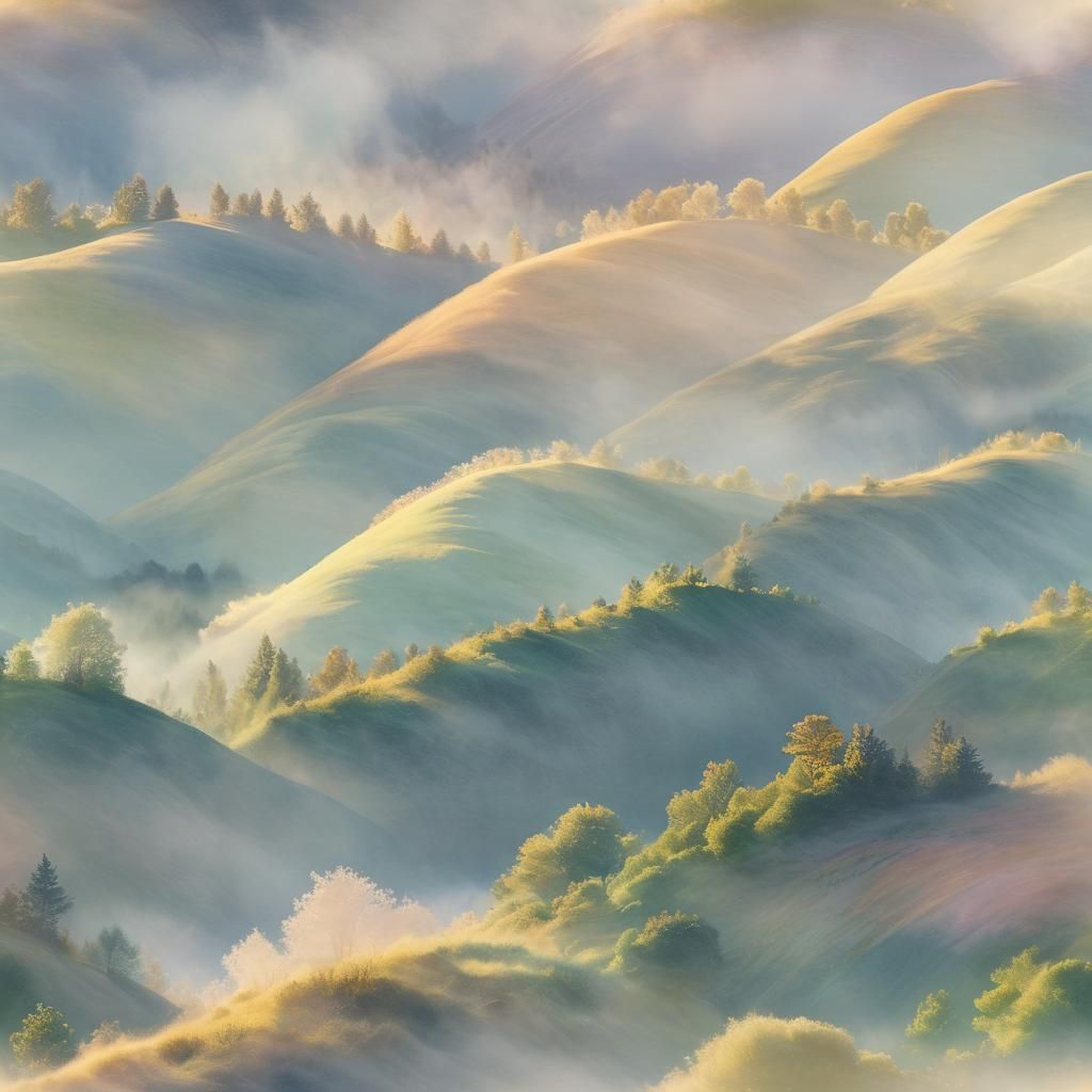 Dreamy Mountain Landscape at Sunrise in Watercolor Style
