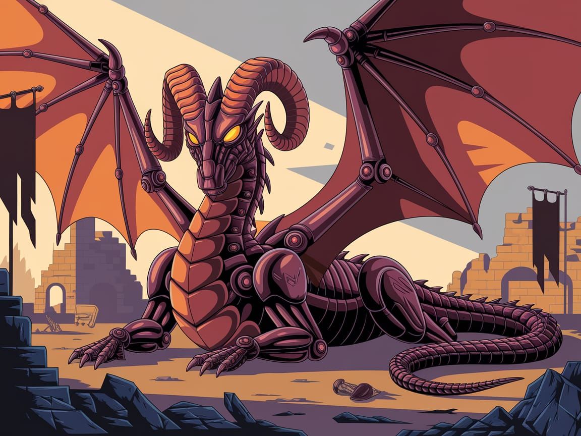 Mechanical Dragon in Medieval Ruins