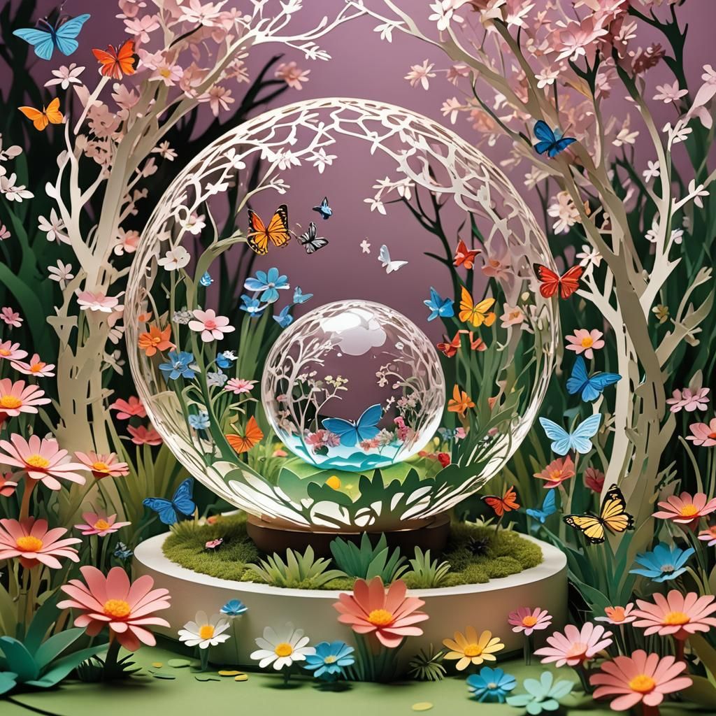 Kirigami Crystal Ball Garden with Flowers and Butterflies