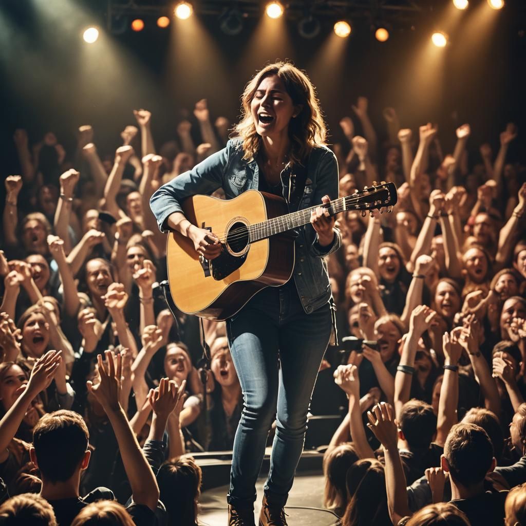 Woman Plays Guitar in Concert: Photorealistic 8K