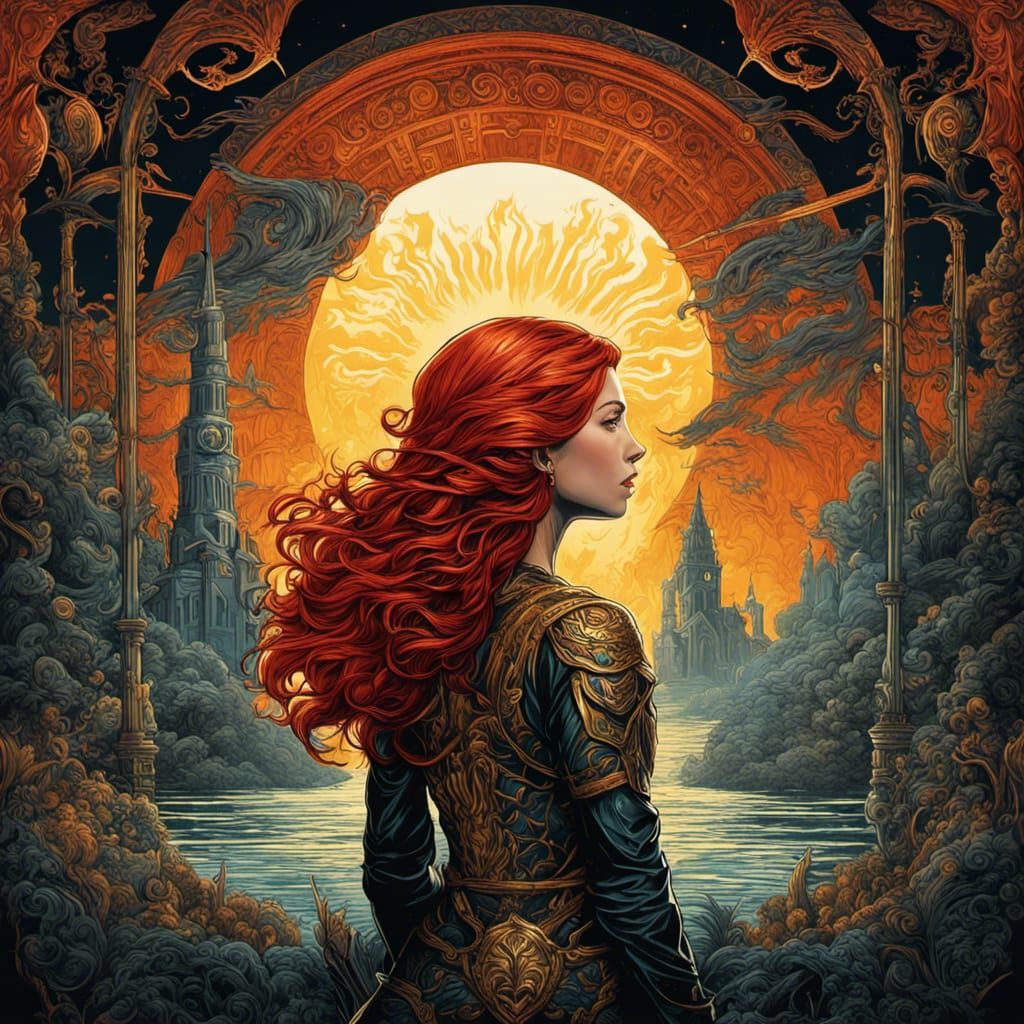 Redhead in Sunlight: Dark Fantasy Digital Art