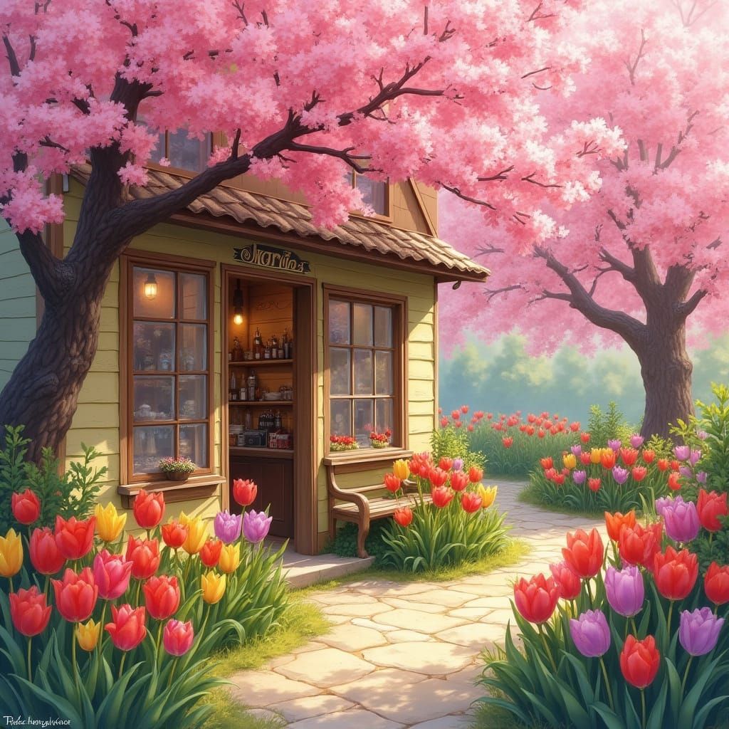Cherry Blossoms and Tulips Adorn Rustic Cafe
