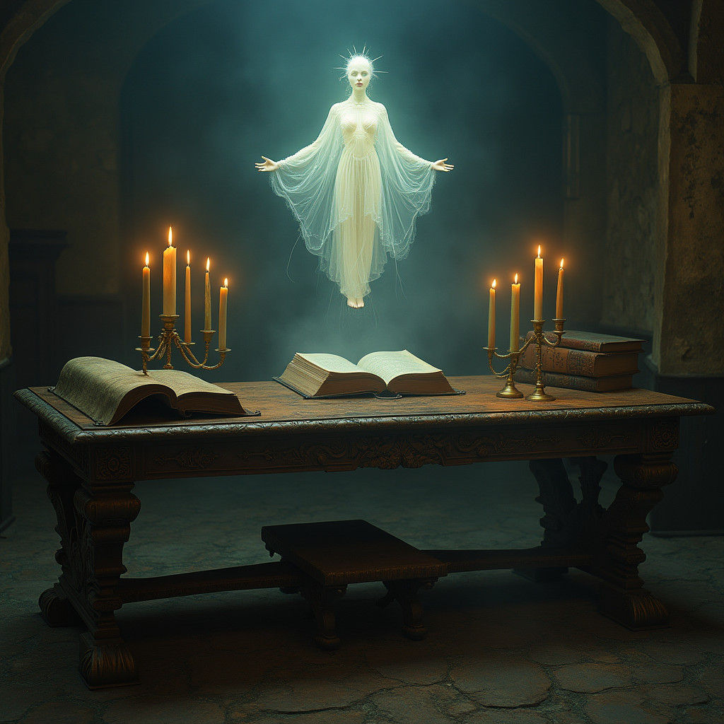Ethereal Entity Above Antique Table: Surreal Dreamscape