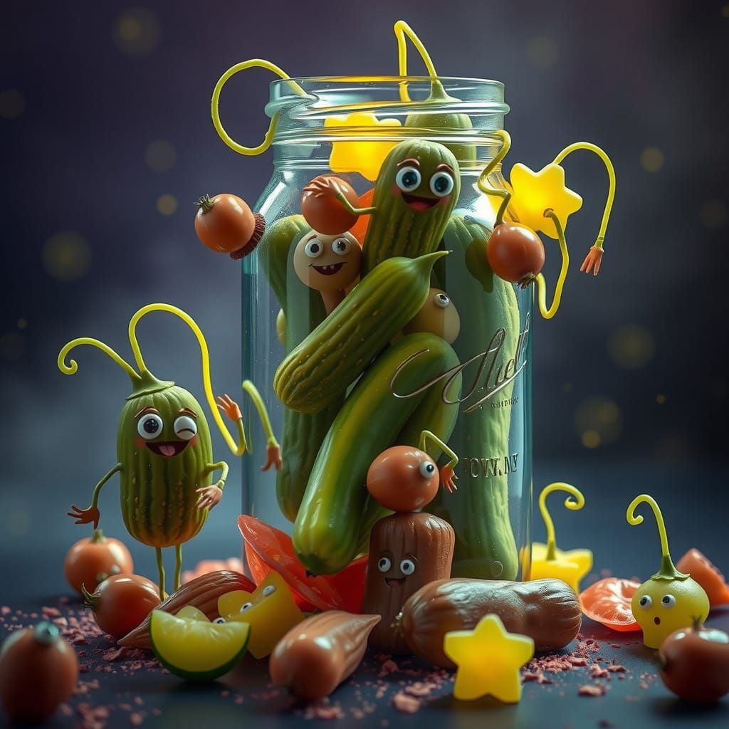 Whimsical, Dreamlike Pickle Jar in a Surreal Landscape