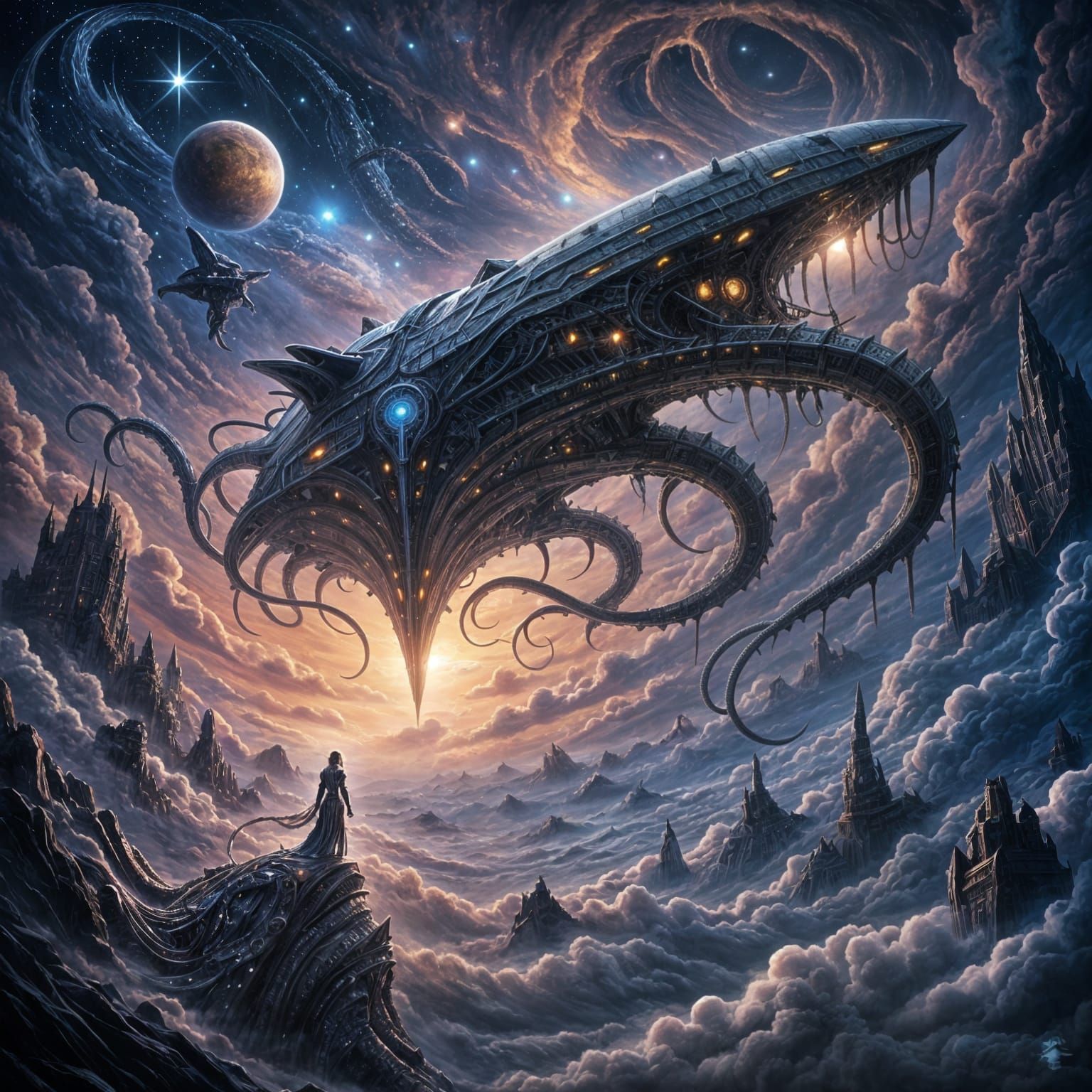 Colossal Bio-Mechanical Starship Drifting Through Nebula