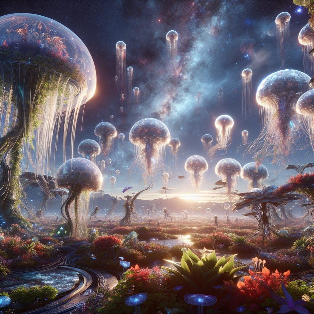 Alien Garden with Jellyfish in Sci-Fi Style