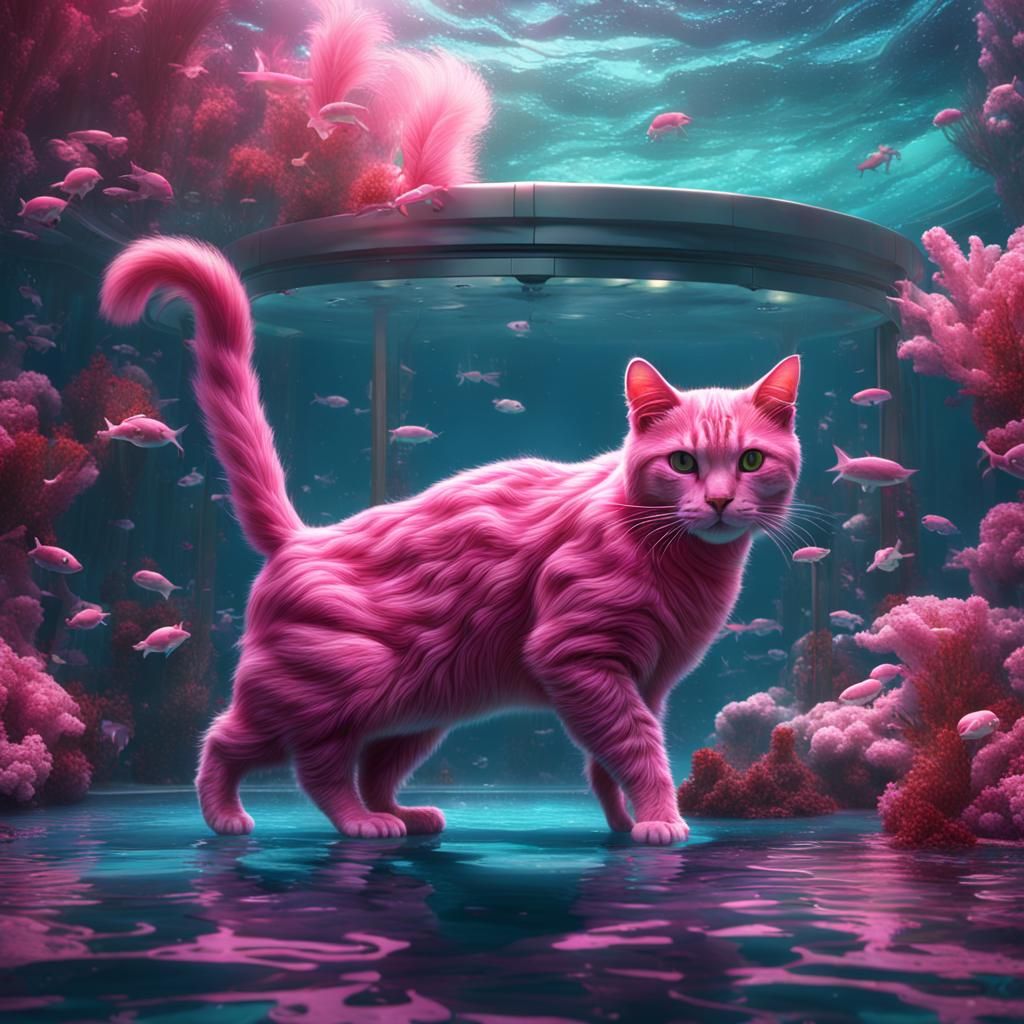 Pink Cat Swimming Underwater: Fantasy Concept Art