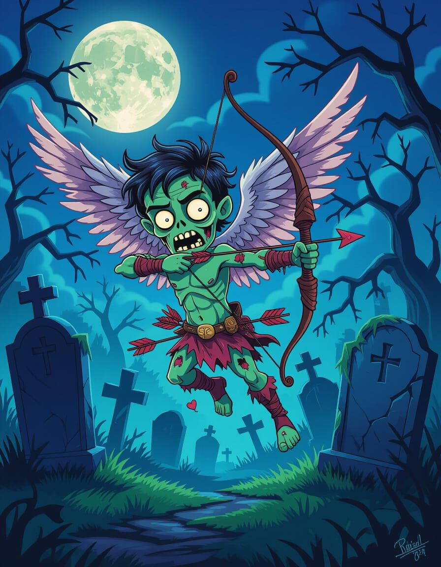 Zombie Cupid Seeks Love in Spooky Graveyard